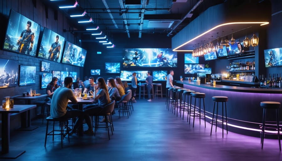 Modern e-sports restaurant interior with gaming screens and themed dining setup