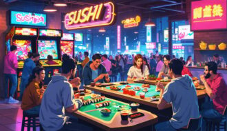 Illustration of a bustling restaurant combining gaming culture and gourmet dining in a vibrant city setting, featuring patrons playing board games while enjoying sushi and gourmet dishes on arcade game consoles with retro gaming signs.
