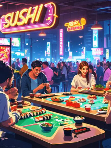 Illustration of a bustling restaurant combining gaming culture and gourmet dining in a vibrant city setting, featuring patrons playing board games while enjoying sushi and gourmet dishes on arcade game consoles with retro gaming signs.