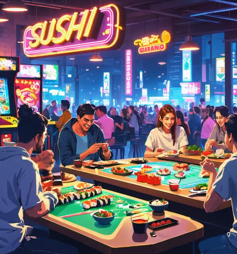 Illustration of a bustling restaurant combining gaming culture and gourmet dining in a vibrant city setting, featuring patrons playing board games while enjoying sushi and gourmet dishes on arcade game consoles with retro gaming signs.