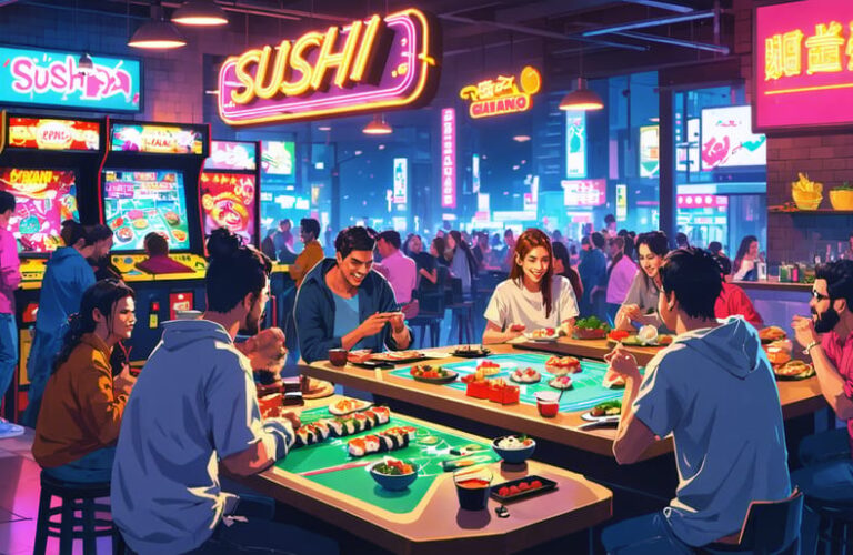 Illustration of a bustling restaurant combining gaming culture and gourmet dining in a vibrant city setting, featuring patrons playing board games while enjoying sushi and gourmet dishes on arcade game consoles with retro gaming signs.